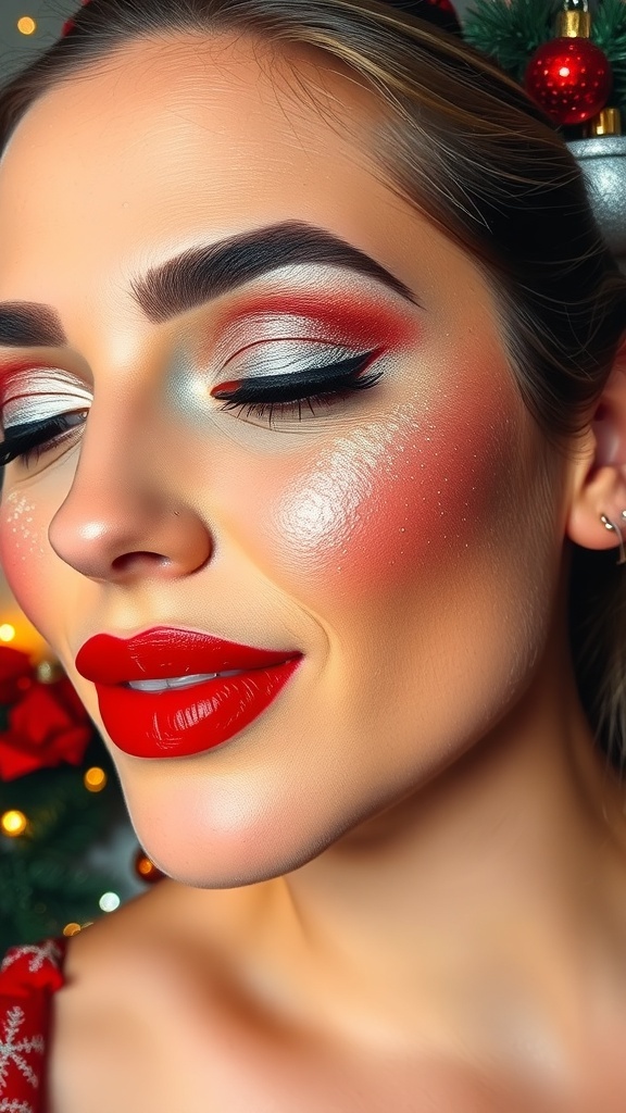 Close-up of a glamorous Christmas makeup look with red lips and white eyeshadow.